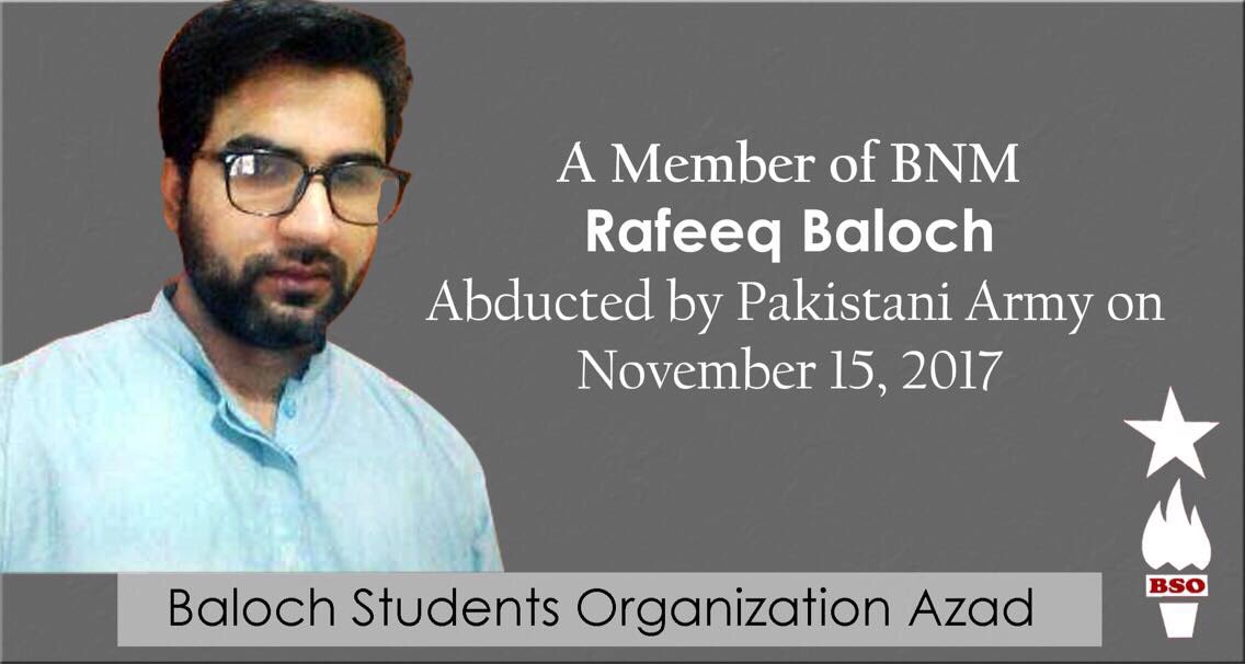 zaliyawaheed29's tweet photo. Pakistan has no place or ground for peaceful politics. Rafiq Baloch was abducted on November 15’2017 along with BSO-Azad Secretary General Ezzat Baloch and two Central Committee members Hassam and Naseer Baloch. #StopEnforcedDisappearances #SaveBSOAzadLeaders https://t.co/OjZpE8ZTTP