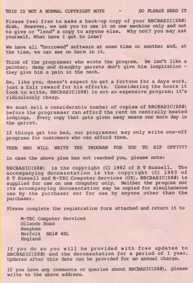 We've found this rather amusing copyright notice in a BBC Z80 basic package.