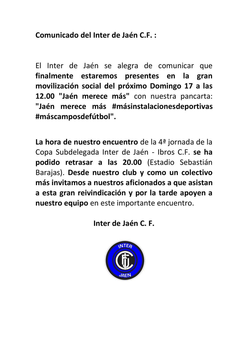 InterJaen's tweet photo. Comunicado | Finalmente y gracias al cambio de hora en nuestro partido del domingo estaremos en las calles de Jaén el 17-D junto a la plataforma @JaenMereceMas y los jiennenses.
#todosporJaén #interdejaencf #JaénMereceMás https://t.co/cmkzvvNmly