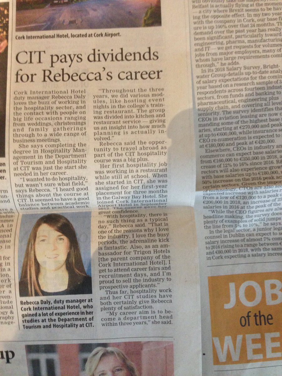 TourismHospDept's tweet photo. Nice piece on past student Rebecca Daly in today's @irishexaminer &amp; her time in @CIT_ie along with her work in @trigonhotels @No1CorkHotel @TourismHospDept @Cork_IHF @RAI_ie @Failte_Ireland @noelgmurray https://t.co/GebQTrunQP