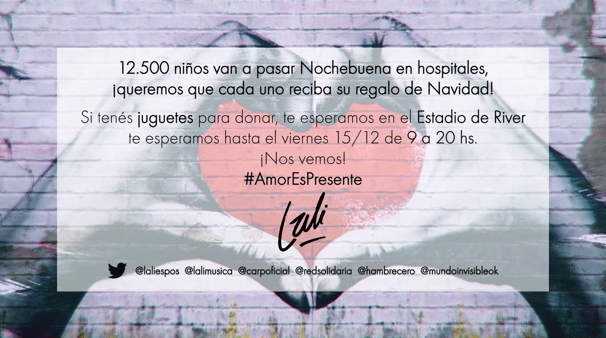LaliMiQueen's tweet photo. Hoy último dia de donaciones. Acercate al Estadio River y deja tu juguetes para que niño reciba su regalo de Navidad #AmorEsPresente 🙏❤🎁🎄 @laliespos @LaliMusica @CARPoficial @RedSolidariaOK @HambreCero https://t.co/romd0B6jK6