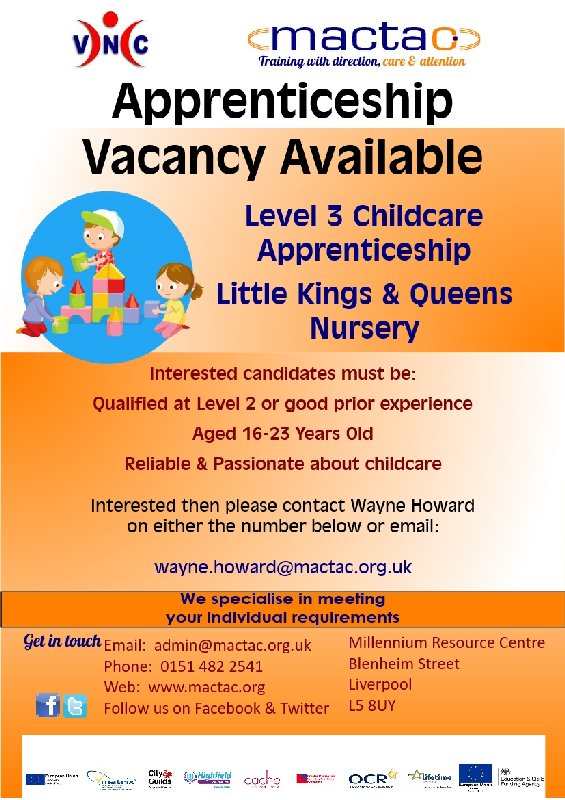 MACTACtraining's tweet image. Level 3 #Childcare #apprenticeship opportunity available for a nursery in the #Bootle area. Ideal candidate must be reliable &amp;amp; passionate. Qualified at Level 2 or have good prior experience. Send CV to wayne.howard@mactac.org.uk if interested. #youngpeople #Liverpool