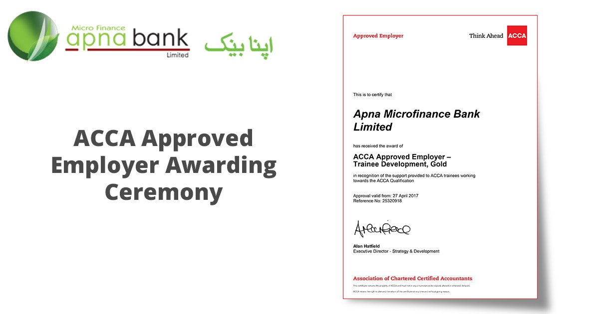 amfbl's tweet photo. #ApnaMicroFinanceBank awarded by @ACCANews as approved Employer https://t.co/Mk5v8HeCAl