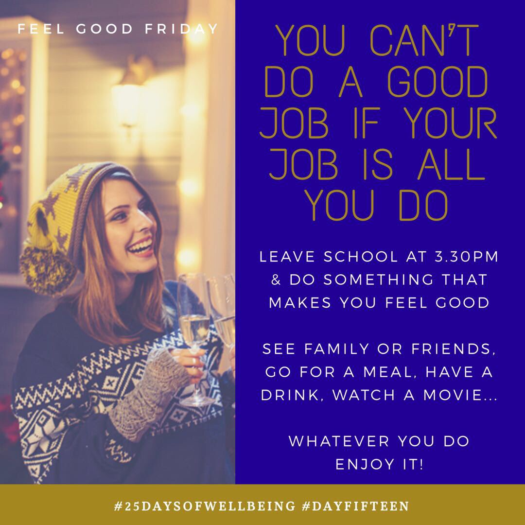 WMTeachNetwork's tweet photo. It's #FeelGoodFriday. Time to stop working & start relaxing. Today we challenge you to leave school at 3.30pm on the dot. #25daysofwellbeing #Day15 #TFActionNetwork #tfpwellbeing @TFPresidents @TeachFirst @TeachFirstWM @TFWMAmbassdors @Ndidi1st https://t.co/hrgzEpjSUH