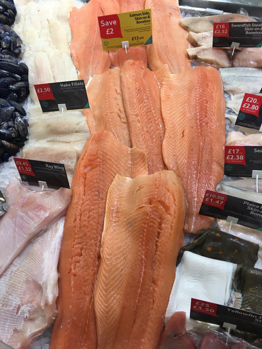 Ashtonscardiff's tweet photo. This is why you should buy fish from independent Fishmongers , this is the Salmon for sale in one local supermarket @GCHfishmongers https://t.co/eWushgkC3n