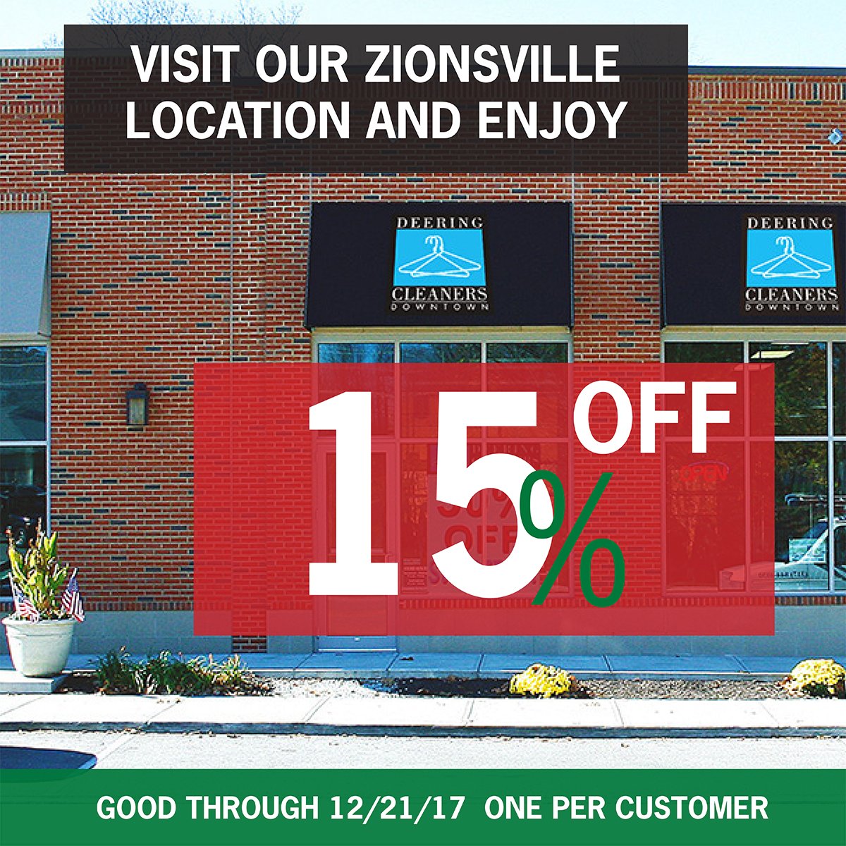DeeringCleaners's tweet photo. Visit us at our Zionsville location and enjoy 15% off your ticket! One per person please. https://t.co/KSakYLgPdG https://t.co/9QpiQ1RA9q