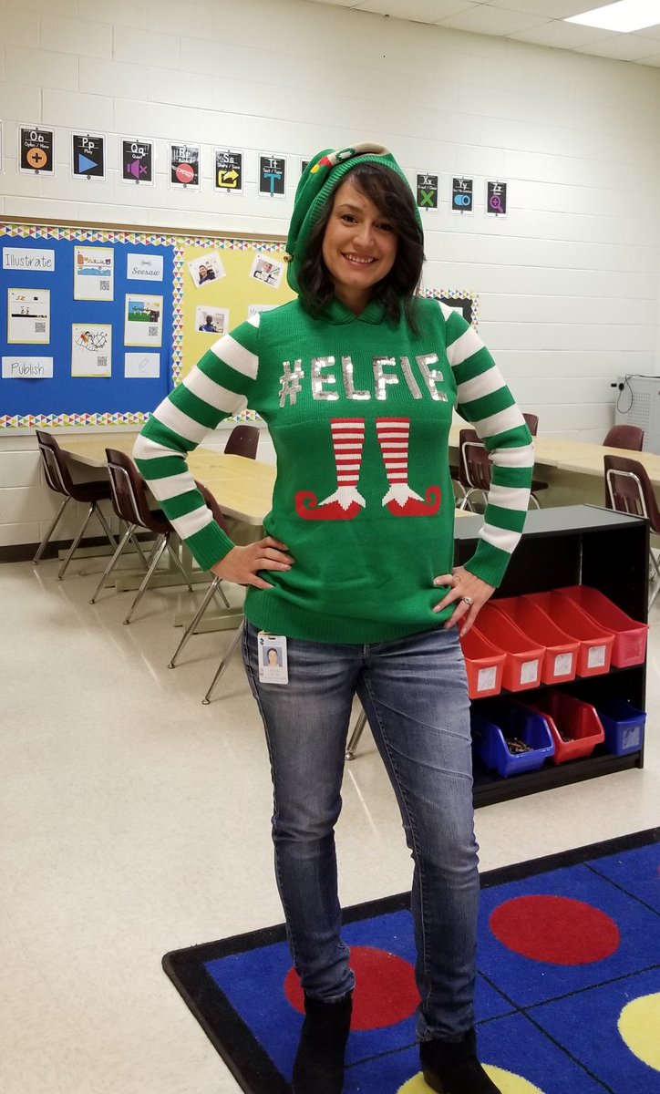steam_liberty's tweet photo. This Technology Teacher is all about the hashtags. Rocking the ugly sweater! #TechLibertyES #uglysweater #elfie #LibertyES1 https://t.co/Fwckfmofhd