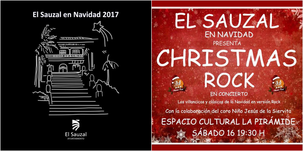 Disfruta de la #navidad en <a href="/elsauzal/">elsauzal</a>:
- Viernes 15 (19.30 h.) Festival de Navidad en #Ravelo.
- Sábado 16 (17.00 h.) Festival de Navidad en #SanJosé.
- Sábado 16 (19.30 h.) Concierto Christmas Rock &amp; Friends del grupo #EscueladeCalor en #LaPirámide.
Todos con entrada libre.