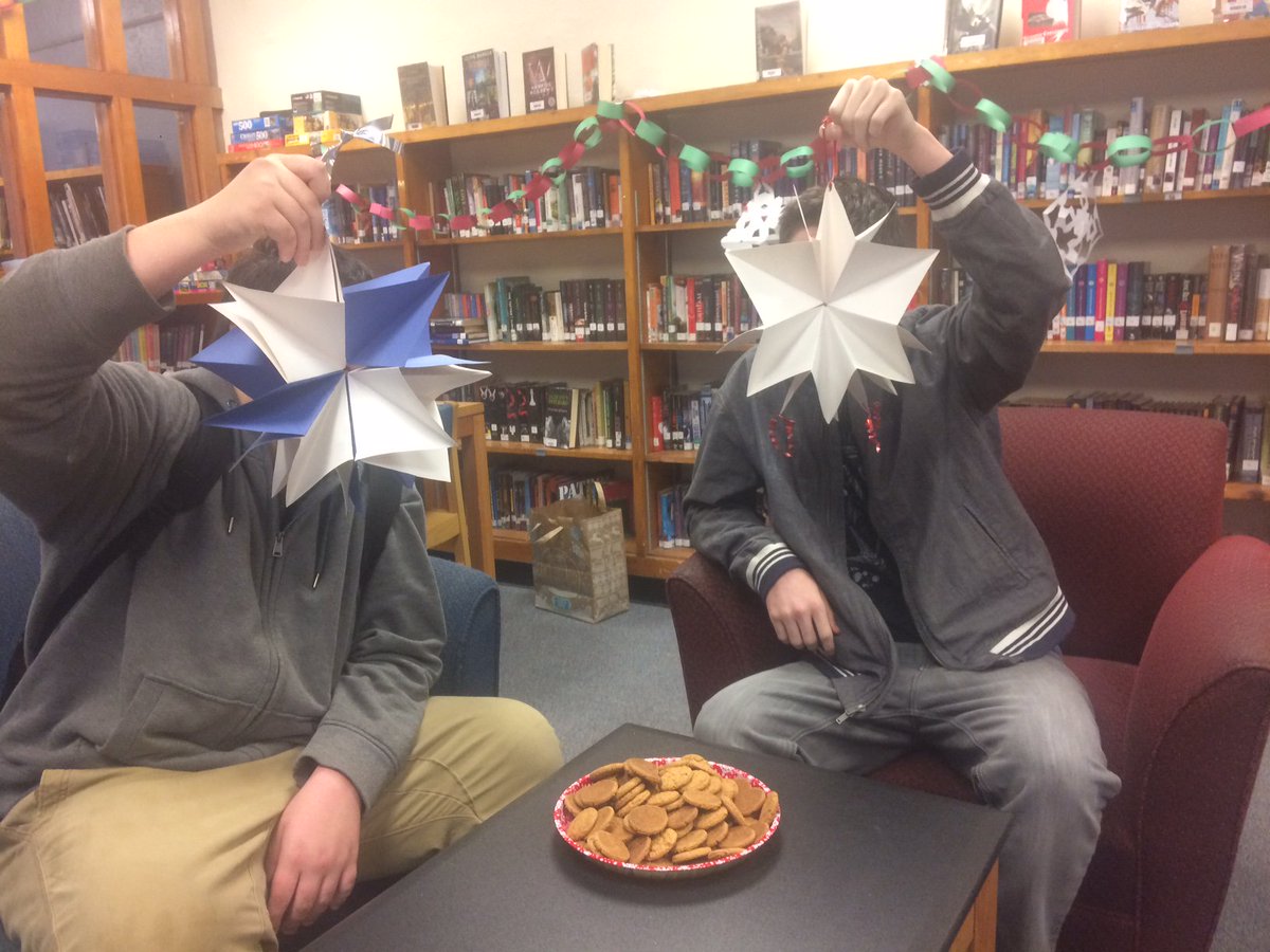 Come to the media center for the Holiday Countdown Craft/Treat of the Day! Today's Craft: Origami Stars. Today's Treat: Gingersnaps.