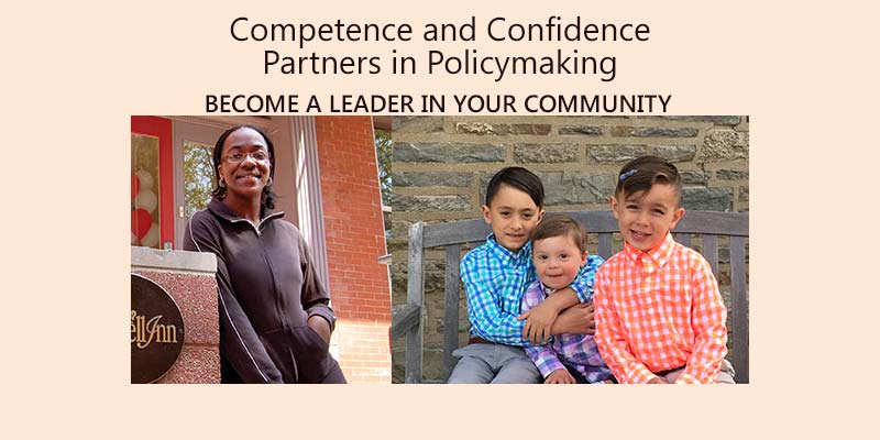 Competence and Confidence Partners in Policymaking. Become a leader in your community. Photos of 3 young siblings posing on a bench and a young college aged woman who appears confident and happy.