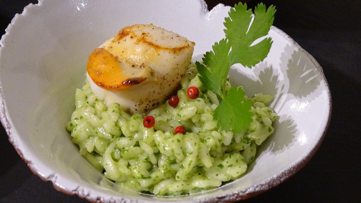 Callchef74's tweet image. Risotto verde roquette et coriandre, saint-jacques snackées
