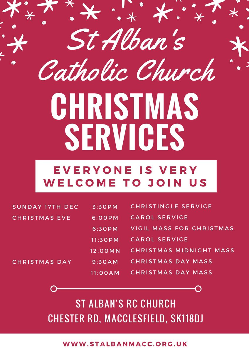 Please spread the word about our #Christmas Services!

Everyone is guaranteed to receive a warm welcome St Alban's #Macclesfield!

@ShrewsRCnews <a href="/ChristmasStarts/">Christmas Starts</a> <a href="/HOPEtogether/">Hope Together</a> @HopeCentreMacc <a href="/SVPEnglandWales/">St Vincent de Paul Society (England & Wales)</a> <a href="/ConnectCatholic/">Catholic Connect</a> @MaccExpress <a href="/CanalsideRadio/">Canalside Radio</a> <a href="/ShrewsYouth/">Explore</a> <a href="/silk1069/">Cheshire's Silk 106.9</a>