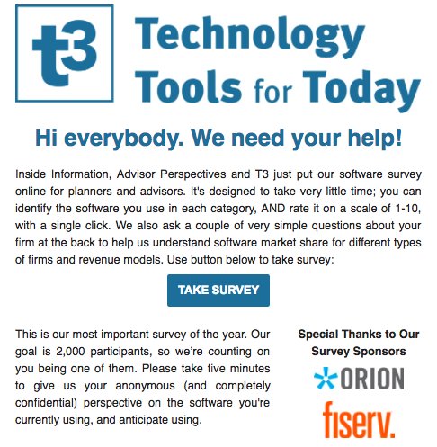 marieswift's tweet photo. Financial Advisors: Make your voice heard! Complete the @BobVeres @t3techhub software survey now: 

https://t.co/iDZJ8nAOhs | Sponsored by: @orionadvisor @Fiserv https://t.co/ypy295Gbq0