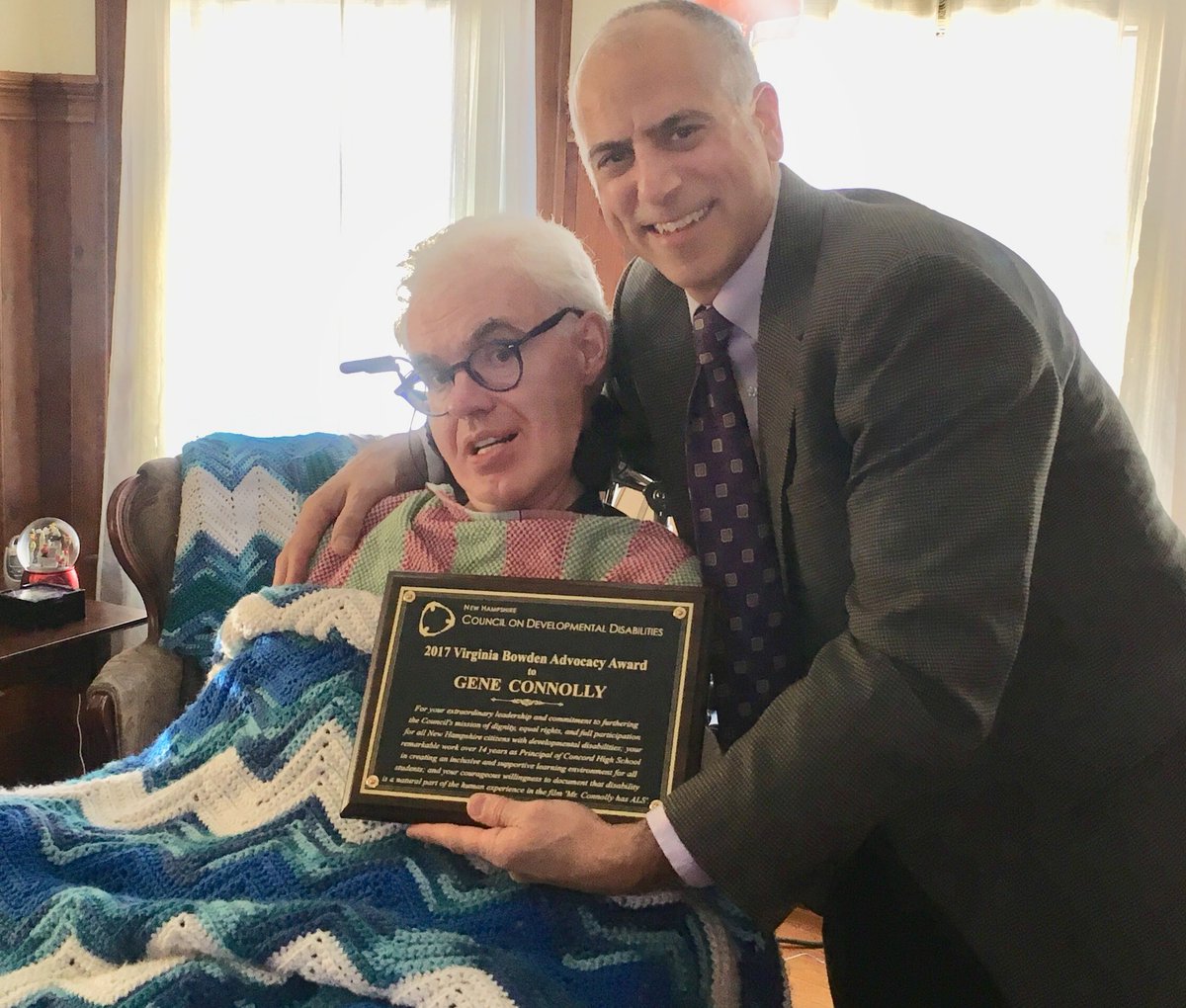 Gene Connolly and I were honored to receive the "Virginia Bowden Advocacy Award" by the <a href="/NHCDD/">NHCDD</a>. After the event I brought the award to Gene. My deep appreciation to Gene, and his family, for welcoming me into their lives as a friend and filmmaker. #MrConnollyHasALS #IDAawards