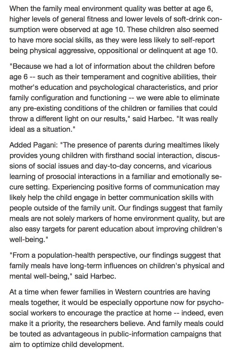 Samen eten in het gezin zorgt dat kinderen zich fysiek en mentaal beter voelen (4 jaar later, als 10-jarige) aldus een longitudinale studie: sciencedaily.com/releases/2017/…, insights.ovid.com/crossref?an=00…. Pleidooi: werk aan de leef- en leeromgeving van het kind