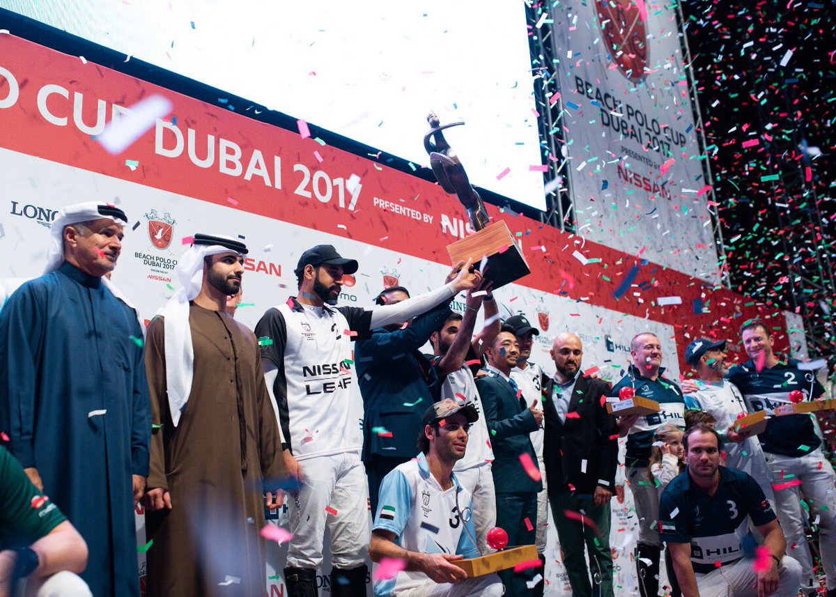 DubaiSC's tweet photo. HH Sheikh Mansour bin Mohammed bin Rashid Al Maktoum, Chairman of DIMC, crowned Nissan Leaf champion of the Beach Polo Cup Dubai 2017, which concluded today &amp; lasted for 2 days at Skydive Dubai https://t.co/aVsPPDIkhI