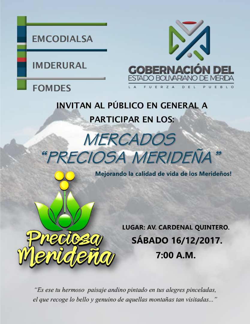 GobEstadoMerida's tweet photo. #MercadoItinerante "Preciosa Merideña" continúa beneficiando a las diversas parroquias de Mérida. En esta oportunidad corresponde a la avenida #CardenalQuintero #ParroquiaSpinettiDini. La cita es este sábado #15DIC a partir de las #7am. Invitan #Emcodialsa #Imderural #Fomdes https://t.co/wkJJ5ulci2