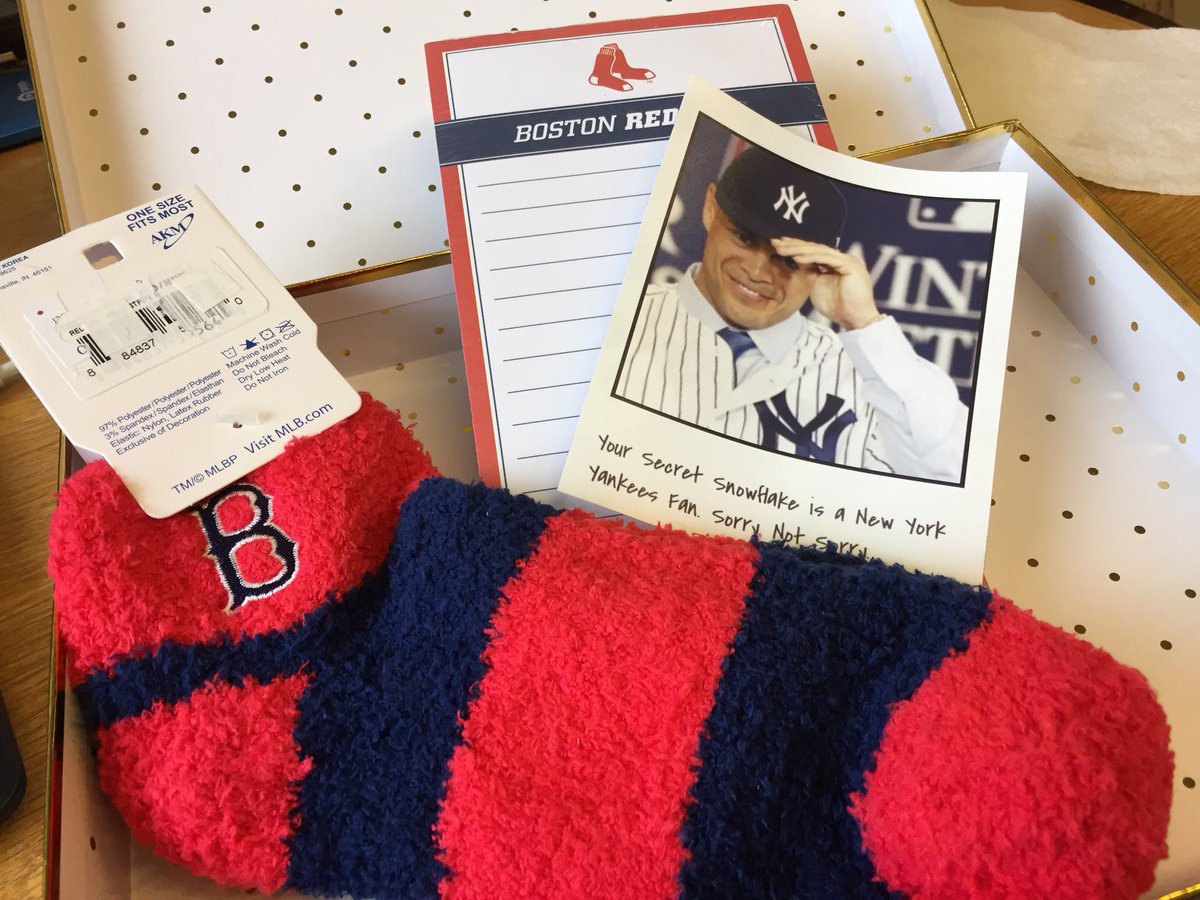 grahamksc's tweet photo. Big thank you to my @WheelockCollege Secret Snowflake (despite the player photo on the clue). They know my love of the @RedSox ! Isn’t it against @Yankees fan rules to buy Red Sox items? 😉 https://t.co/pc30AT9bWd