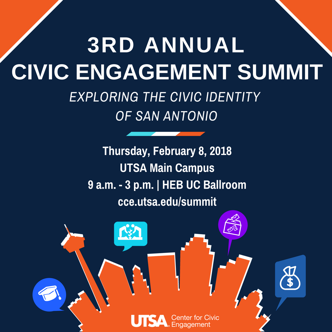 Have you registered for our Civic Engagement Summit yet? Join us on Thursday, Feb. 8, 2018. Did we mention <a href="/DennisENoll/">Dennis Edward Noll</a> will be our keynote?! 

Register today! 
cce.utsa.edu/summit
