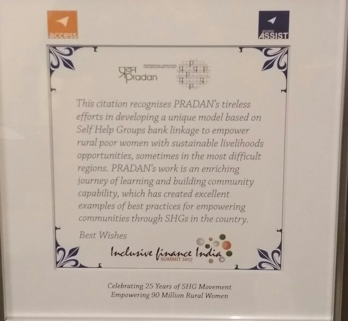PRADAN_India's tweet photo. PRADAN was felicitated at the #InclusiveFinanceIndiaSummit , orgd by #ACCESSDevelopmentServices, for its leadership role in stewarding the #SHG movement for last 30 years. #celebrating the enormous zeal and wisdom of crores of women who hv charted out a new pathway to progress. https://t.co/gcBaLfU3TL