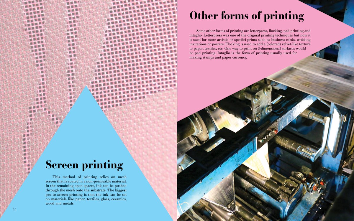 amelt_down's tweet photo. Here's one of my final projects this semester. We were instructed to #write and #design a 16 page #book about #printingmethods. I chose to draw inspiration from #triangles and a desaturated #CMYK. Pressroom photos from the talented @andy_abeyta, the rest are creative commons. https://t.co/mRWkjKS7wI