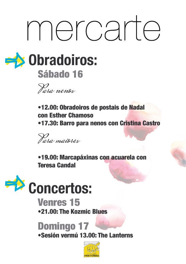 #NadalCultural
Hoxe, ás 21.00 horas, no 2° andar do Mercado Municipal, inauguramos #Mercarte Deixámosche o programa dos obradoiros e dos concertos e os horarios de visita.