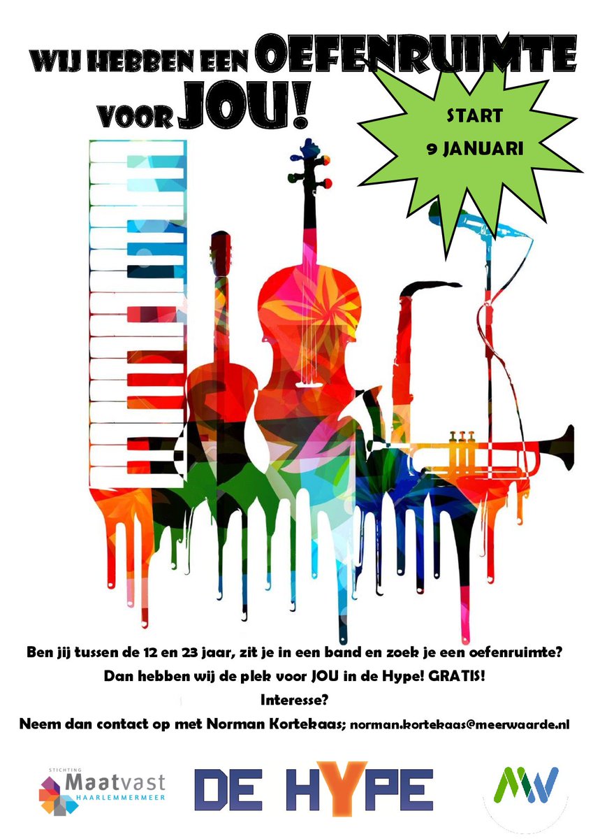 Binnenkort kunnen jonge muzikanten terecht in de nieuwe oefenruimte van jongerencentrum de Hype, compleet met backline! #wanted #bands #haarlemmermeer <a href="/jcdeHype/">de Hype</a> <a href="/MeerWaardeInfo/">MeerWaarde WELZIJN</a>
