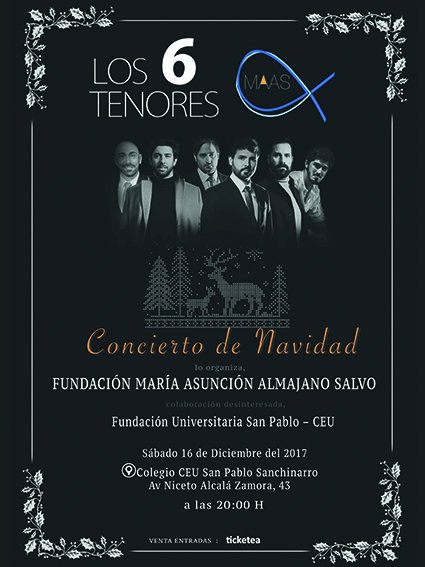 Recordad que este Sábado 16 de Diciembre tenéis una cita con la solidaridad. Concierto de <a href="/los6tenores/">los6tenores</a> en CEU San Chinarro a las 20:00 de la tarde <a href="/FundacionCEU/">CEU</a>. A favor de la Asociación @fundacionMAAS.
¡OS ESPERAMOS A TODOS. COMPARTID, POR FAVOR!