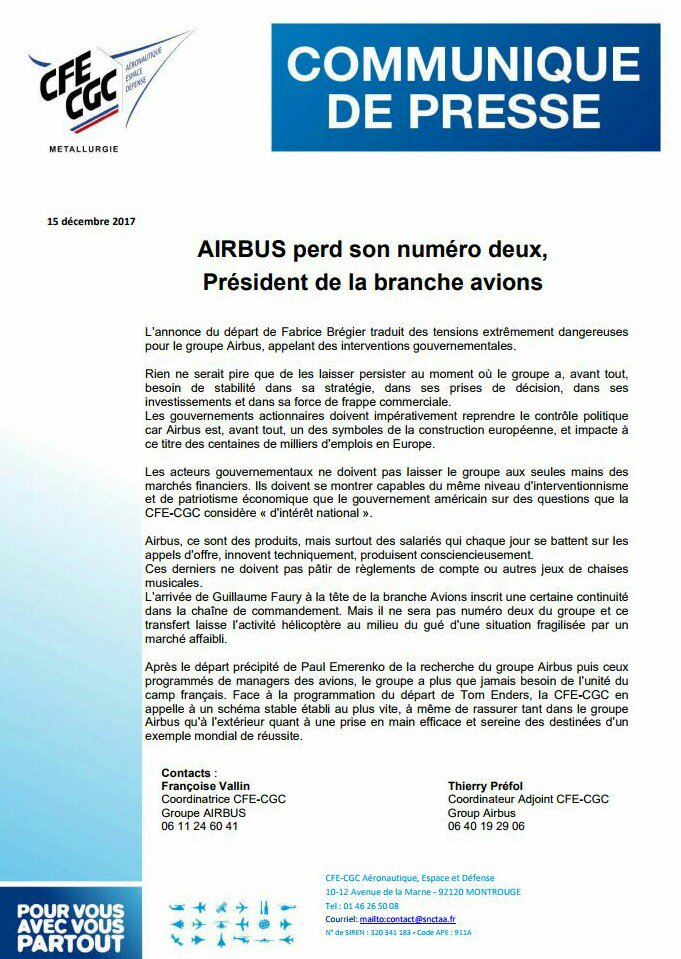 cfecgcah's tweet photo. Communiqué de presse CFE-CGC, Airbus perd son numéro deux de la branche Avions... https://t.co/D8ckvV8Wco
