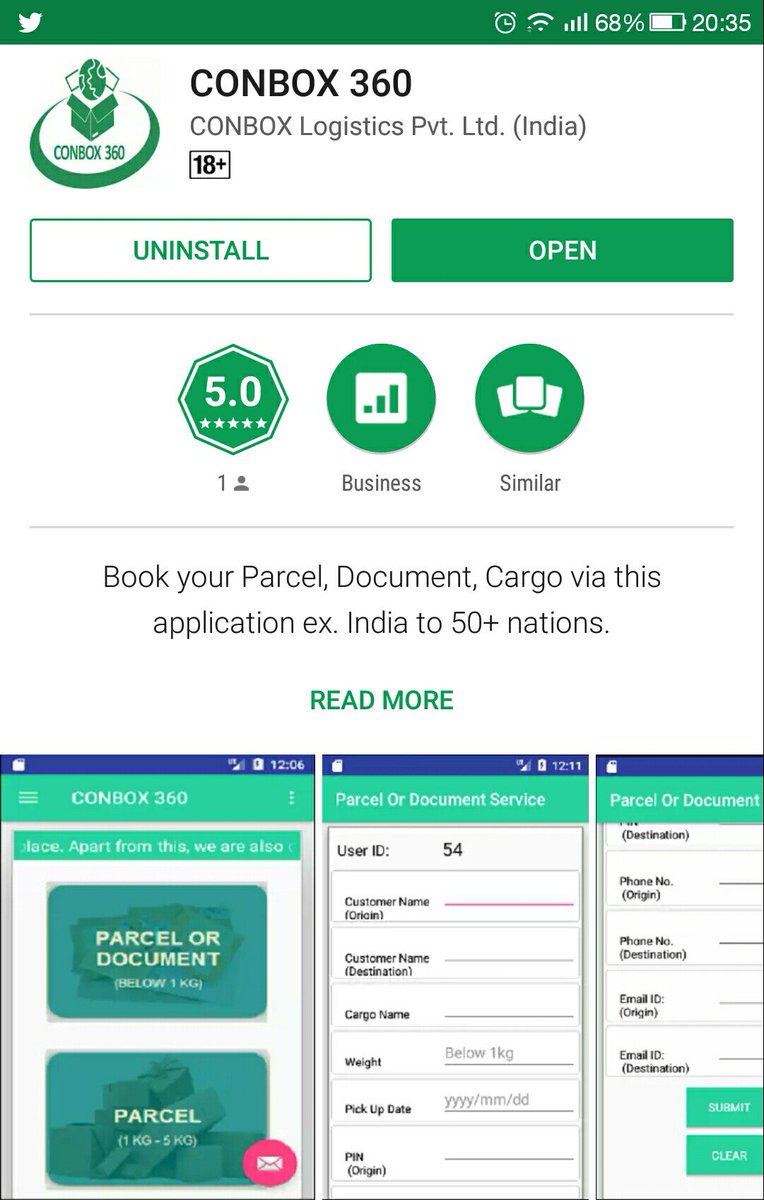 RakeshPandit's tweet photo. Guys, "CONBOX 360" is live on Play Store now ... Pls download and review the same ... Also, don't forget to pass a word among your friends and well wishers ....Cheers !
#CONBOX360 #CONBOXLogistics #India #Pune #Chennai #Logistics #SupplyChain #Parcel #Courier #Export #Import https://t.co/MOcP3mKpkx