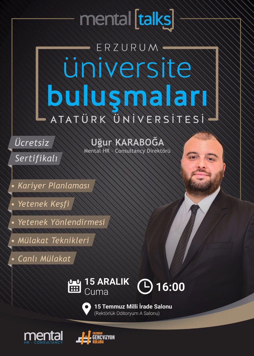 Bugünde Erzurumdaydık, İşe Alım ve Yetenek Yönetimi Direktörü @ugurkaraboga gençlere, kariyer ve yetenek üzerine tecrübelerini aktardı. #MentalTalks