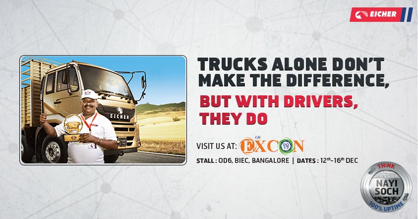 ETBIndia's tweet photo. Good drivers can improve fuel efficiency upto 25%. At Eicher we have a holistic approach towards vehicle performance. Therefore we don't just focus on developing good products, but also good drivers.
#EicherAtExcon #EXCON2K2017 #CIIExcon2017 #Excon2017 https://t.co/dC6vRkZnlL