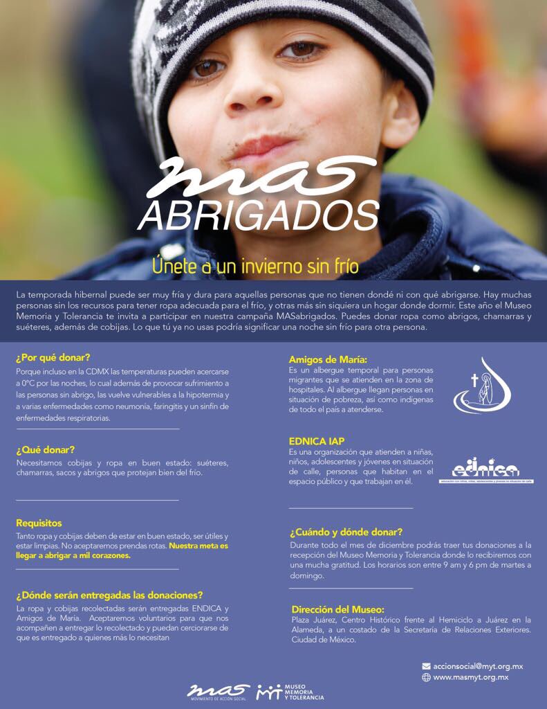 vsilberstein's tweet photo. Yo me sumo , y tù !? Juntos somos @MASMyT ➡️todo diciembre trae suéteres, chamarras y cobijas en buen estado a @MuseoMyT 🌬❄️🧥👕👚🚶🏼‍♀️🚶🏽‍♂️y ayudemos a ayudar🌞 https://t.co/Zu1fxNglBb