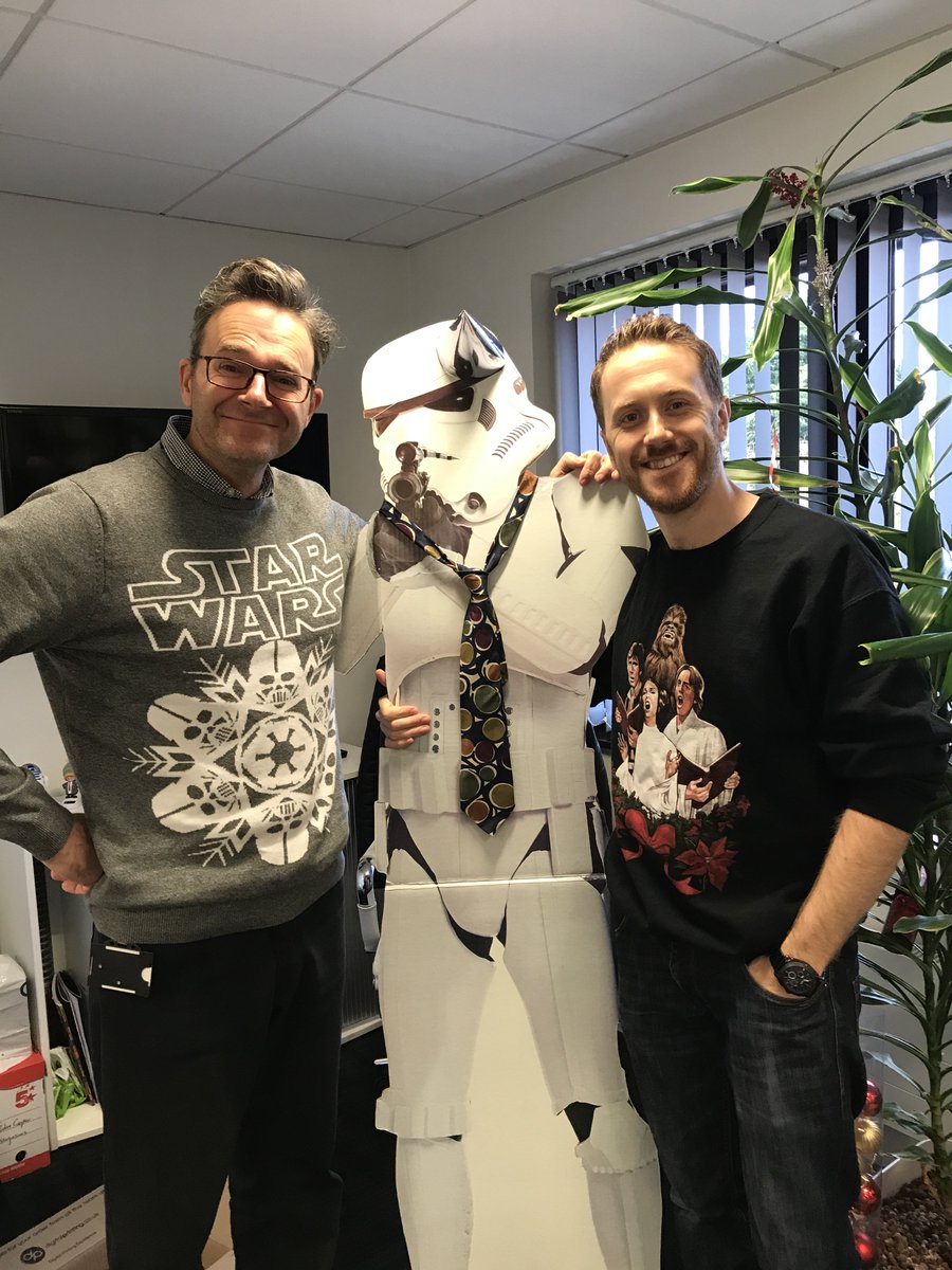 Square1M's tweet photo. It's double celebrations for Square1's @StarWars nerds - watching #TheLastJedi last night and enjoying #ChristmasJumperDay today! Feeling the force and getting in the #Christmas spirit! What a film, what a couple of jumpers! https://t.co/vbfAAiGvdz