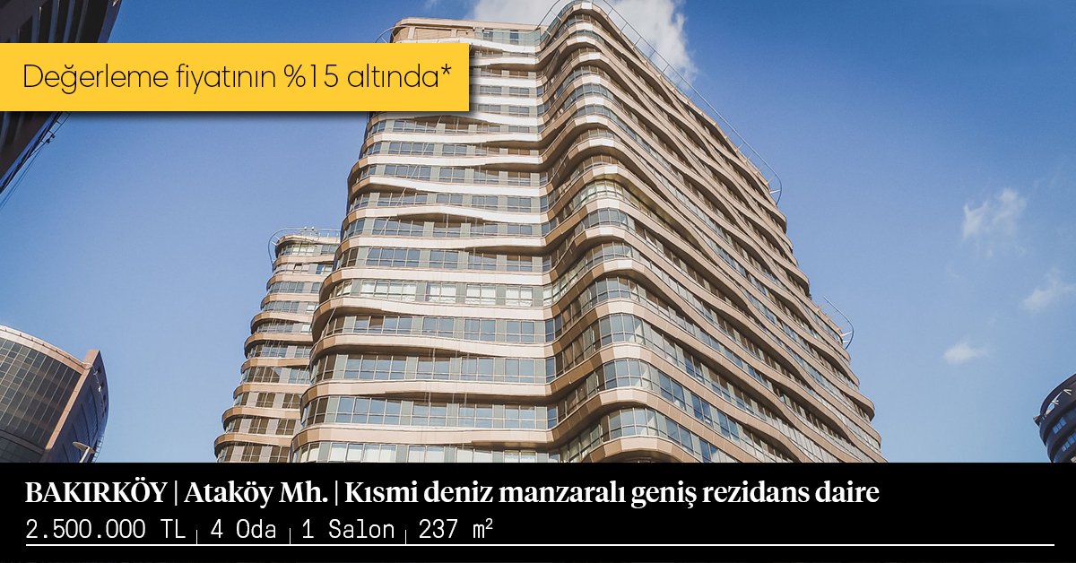 YuvakoCom's tweet photo. 🏠 Bakırköy / Ataköy - SATILIK Havalimanına yakın, 18. katta geniş rezidans daire
▪ 2.500.000 TL / 4+1 / 237 m2
📞 Ziyaret planlamak için : 0850 333 0 985
▶ İlan : https://t.co/rw3ICn0ENg https://t.co/gBVvY5o8q9