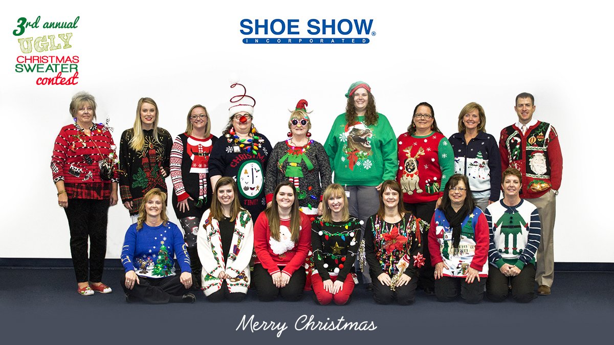 SHOEDEPT's tweet photo. It’s #UglySweaterDay at our #SHOESHOW Corporate Office! #UglyChristmasSweaters #TackyFun #JollySeason #UglySweaters #SoTacky #FridayFunday #ChristmasSweaters https://t.co/2ZY8BKvwKc
