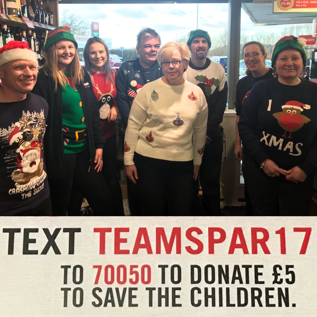 <a href="/HambletonSpar/">SPAR Hambleton</a> staff getting #festive for <a href="/savechildrenuk/">Save the Children UK</a> #ChristmasJumperDay #christmasjumperday2017 🎅🏻