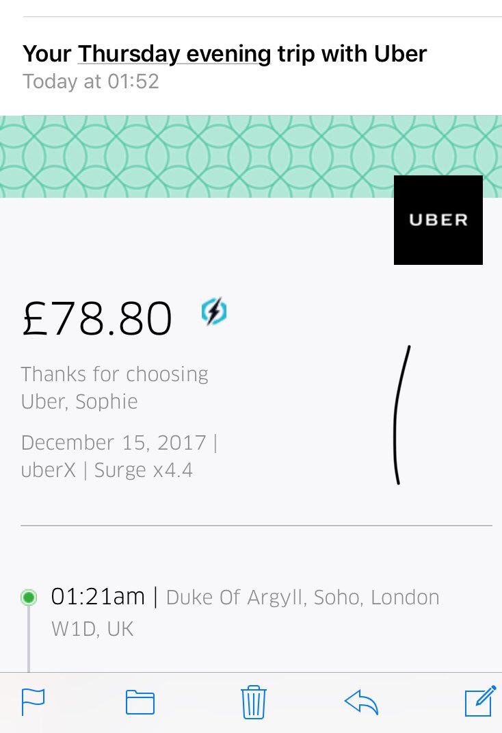 grenners12's tweet photo. £14 a mile, x4.4 price surge on office party night. The Uber bubble has burst - back to black cabs for me, Uber! @Uber_Support @Uber @Uber https://t.co/87eVECd9UU