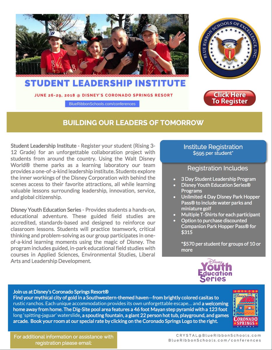 BRSOE's tweet photo. Give the gift of a magical educational experience this year! Registration is open for the Summer Student Leadership at Disney, June 26-29. Register: https://t.co/FPhhOvSzAN https://t.co/v5zoHHEEEc