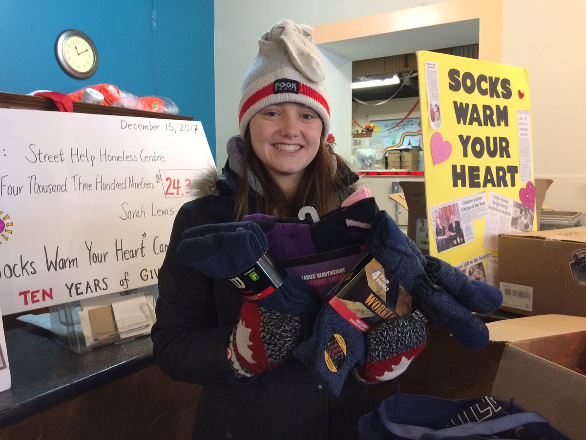 tmedeiros123's tweet photo. After donating socks for 10 years to Street Help, Sarah Lewis, 17,  will head off to university so this will be her 10th and FINAL "Christmas" donation. $24,000 &amp; 2300 pairs of socks donated today. #GreatJobSarah @SocksLewis @AM800News #cklw https://t.co/tklVC9HnaY