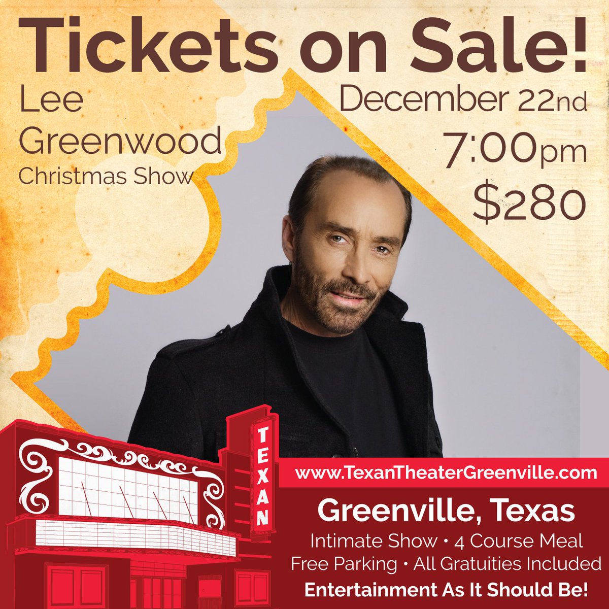 Lee Greenwood: December 22nd at 7! Tickets on sale now! goo.gl/yJiDwX Come enjoy an intimate show with close free parking, full 4 course dinner, luxurious seating, table service, and all gratuities included!