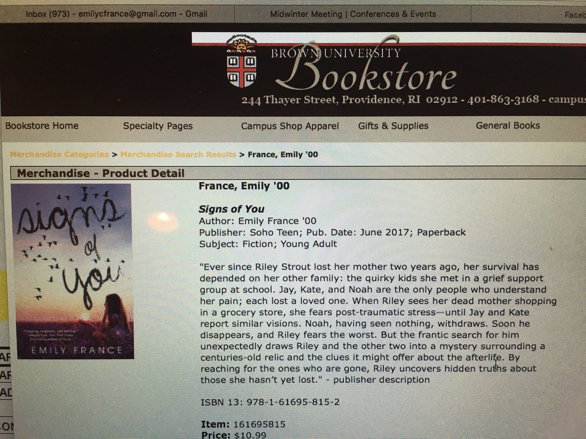 emilyfrancebook's tweet photo. Thank you @BrownUniversity Bookstore for selling my debut novel #signsofyou! When I was an undergrad, I dreamed of having a novel for sale there. #writerslife #DreamsComeTrue https://t.co/iyR1FexNqS