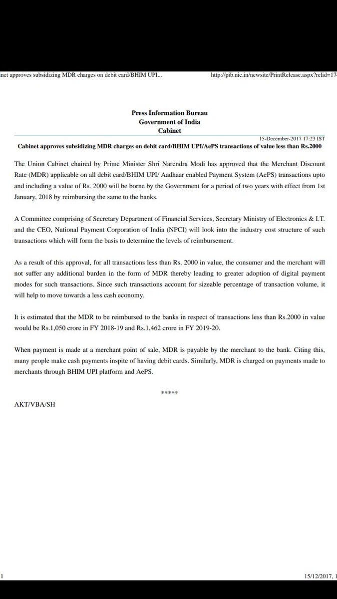 rai_india's tweet photo. We thank Shri @narendramodi @pmoindia &amp; @FinMinIndia for waiving off MDR on debit card transactions below Rs2000. This welcome step will provide an impetus to digital payments, helping towards India’s objective of a cashless economy. Look forward to positive action by @RBI https://t.co/QOpB8qxsMQ