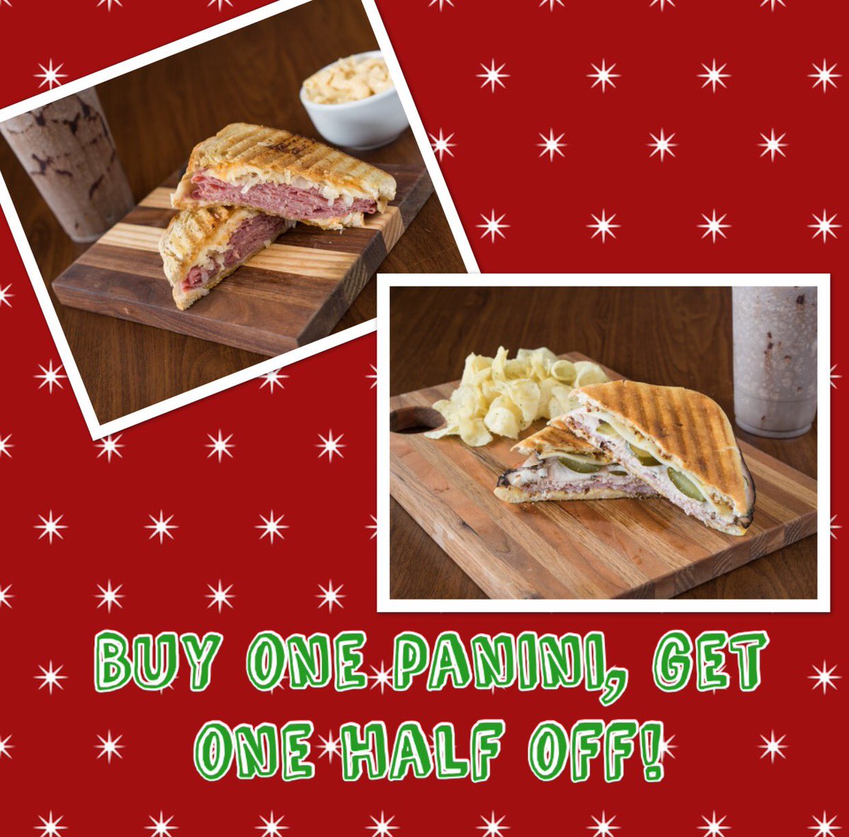 SipsNSuch's tweet photo. Welcome to Day Three! And what a deal this one is: but any #panini and get one for half off! Enjoy lunch and dinner here at Sips &amp; Such ☕️️ #12DaysOfChristmas #BOGO #SipNSuch https://t.co/iBgZRY38TN