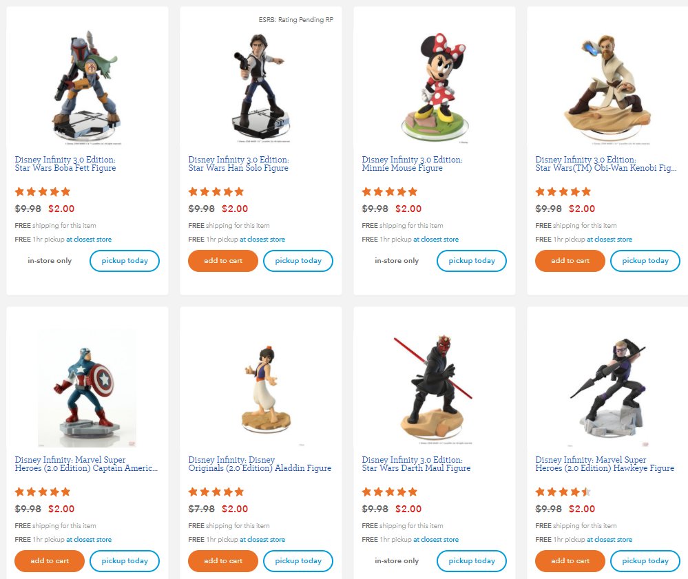 jasoninquires's tweet image. More #DisneyInfinity clearance sales at @ToysRUs All figures look to be on sale for $2.00, plus all qualify for free shipping no minimum!

Link: toysrus.com/search?q=disne…