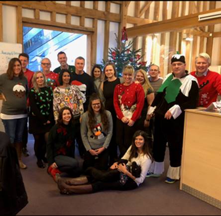 OOBcopy's tweet photo. #ChristmasJumperDay Four sevenths of the OOBCopy team sporting Yule threads along with a few members of the team in Shere. #stillaweektogo https://t.co/qMlHvNmCPv
