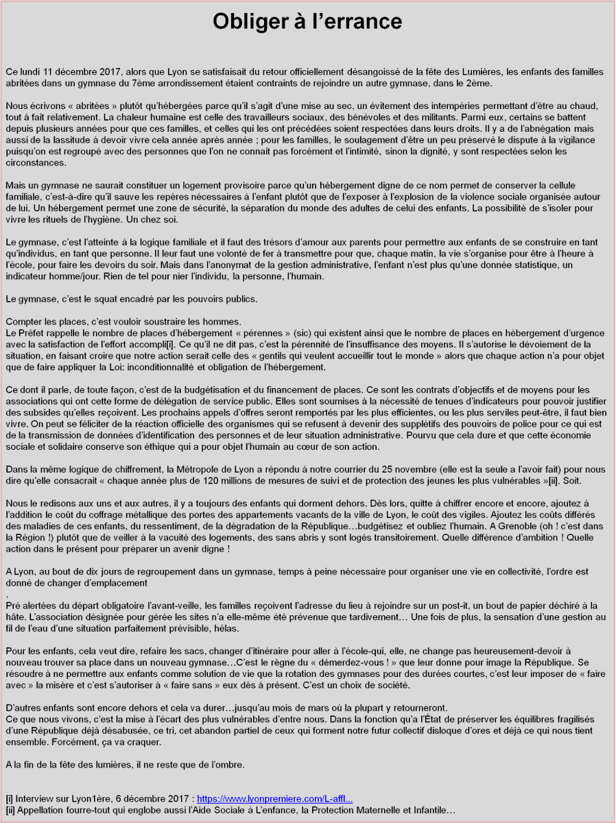 PasSansToit's tweet photo. Les familles sans abris se déplacent de gymnase en gymnase: c'est les obliger à l'errance. #Droitdelenfant #PasdEnfantSansToit @canardenchaine @leprogreslyon @GKepenekian @DavidKimelfeld @prefetrhone @FRANCE3RA @saladelyonnaise @tribunedelyon @libe @lyoncap @LyonCommuniques https://t.co/g3covfqUng