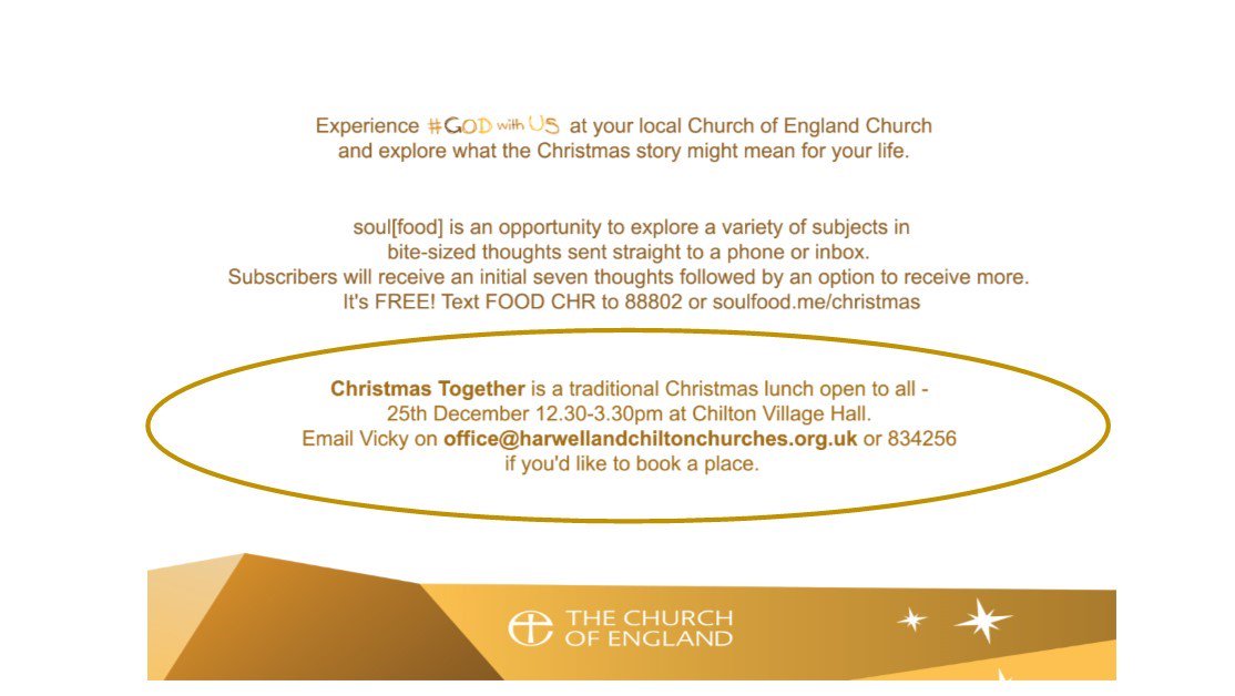 hcchurches's tweet photo. This is what we're up to this Christmas, including free Christmas Together lunch on 25 December. We'd love it if you'd join us for some or all of our celebrations: email office@harwellandchiltonchurches.org.uk for more info or https://t.co/TdILi4j8Ka https://t.co/FcDxRyuOEn