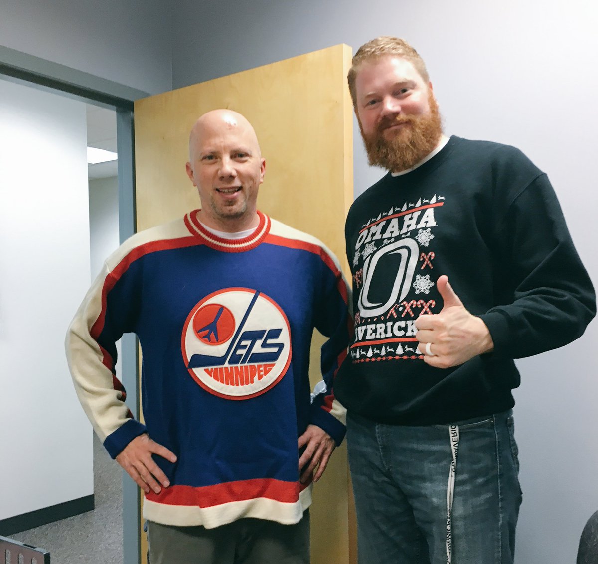 AaronBredenkamp's tweet photo. Ugly sweater day = hockey sweater day with @DavidBulin @Westside66 https://t.co/hhRgG7pIb4
