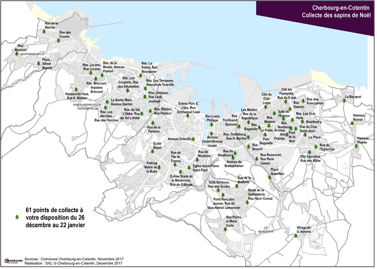 VilleCherbourg's tweet photo. 🌲 Jusqu'au 22/01, offrez une 2nde vie à votre sapin en le déposant nu, sans déco et sans sac dans l'un des 61 points de collecte à @CherbourgEnCot. Il deviendra compost pour les parterres de la ville. L’an passé, 4 900 sapins collectés ont produit près de 12t de compost. https://t.co/Asd2MU16MS
